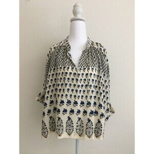 Ulla Johnson Women's 100% Silk Floral Block Print Peasant Blouse Top Size 4 Blue